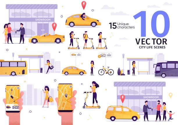 ilustrações, clipart, desenhos animados e ícones de cenário de cenas de vetor plano de transporte de passageiros da cidade - chasing women men couple