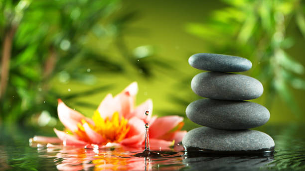 istock Dripping drops of water with black lava stones 1205206988