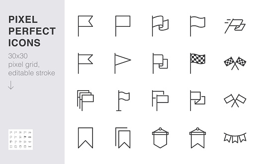 Flag line icon set. Checkered flags, location marker, waving pennant, bookmark, pin minimal vector illustrations. Simple outline signs for web map application. 30x30 Pixel Perfect. Editable Strokes.