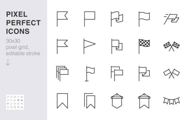 Flag line icon set. Checkered flags, location marker, waving pennant, bookmark, pin minimal vector illustrations. Simple outline signs for web map application. 30x30 Pixel Perfect. Editable Strokes Flag line icon set. Checkered flags, location marker, waving pennant, bookmark, pin minimal vector illustrations. Simple outline signs for web map application. 30x30 Pixel Perfect. Editable Strokes. flagpole stock illustrations