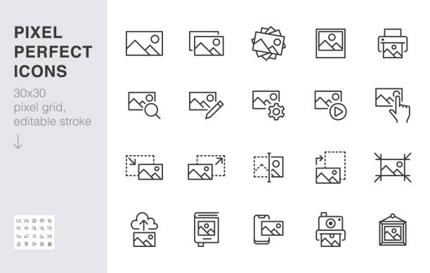 ilustrações de stock, clip art, desenhos animados e ícones de photo line icon set. image gallery, picture frame, printer, file resize, camera minimal vector illustrations. simple outline signs for photos editor application. 30x30 pixel perfect. editable strokes - imagem