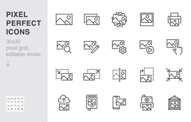 Photo line icon set. Image gallery, picture frame, printer, file resize, camera minimal vector illustrations. Simple outline signs for photos editor application. 30x30 Pixel Perfect. Editable Strokes Photo line icon set. Image gallery, picture frame, printer, file resize, camera minimal vector illustrations. Simple outline signs for photos editor application. 30x30 Pixel Perfect. Editable Strokes. input device photos stock illustrations