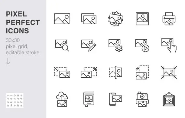 Vector illustration of Photo line icon set. Image gallery, picture frame, printer, file resize, camera minimal vector illustrations. Simple outline signs for photos editor application. 30x30 Pixel Perfect. Editable Strokes