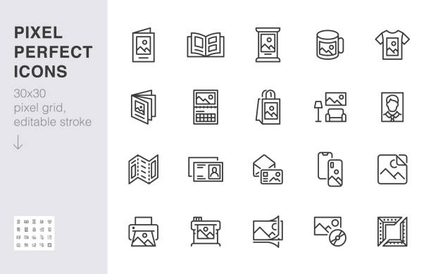 ilustrações de stock, clip art, desenhos animados e ícones de photo printing line icon set. brand identity printed on products like brochure, banner, mug, plotter vector illustrations. simple outline signs for polygraphy. 30x30 pixel perfect. editable strokes - hardware store fotos