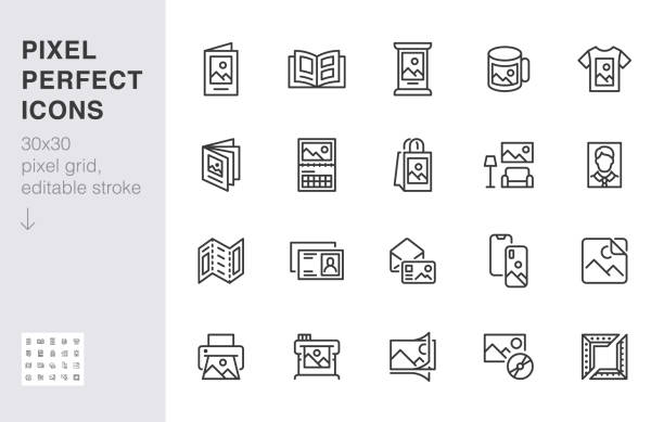 Photo printing line icon set. Brand identity printed on products like brochure, banner, mug, plotter vector illustrations. Simple outline signs for polygraphy. 30x30 Pixel Perfect. Editable Strokes Photo printing line icon set. Brand identity printed on products like brochure, banner, mug, plotter vector illustrations. Simple outline signs for polygraphy. 30x30 Pixel Perfect. Editable Strokes. advertisement photos stock illustrations