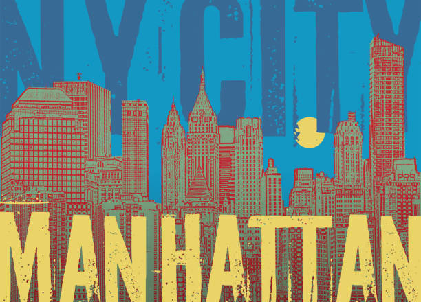 illustrazioni stock, clip art, cartoni animati e icone di tendenza di manhattan, new york, illustrazione silhouette in design piatto - new york city skyline silhouette manhattan