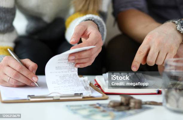Month Revenue Of Young Couple Stock Photo - Download Image Now - Home Finances, Family, Currency