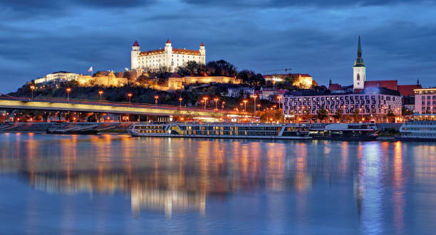 istock Bratislava skyline at night with castle, Slovakia 1205215442
