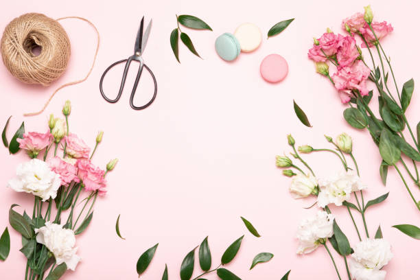 istock Flower flat lay for decorative design on pink background. Minimal romantic hipster concept, mockup background. 1205216648