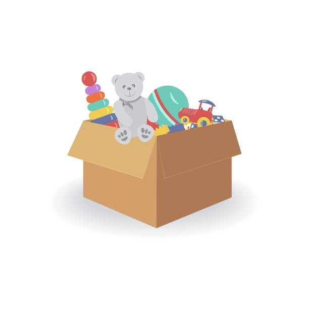 ÐÐ»Ñ ÐÐ½ÑÐµÑÐ½ÐµÑÐ° Cute cardboard box with children toys for boys and girls.Funny grey Teddy bear,pyramid,ball,block Builder, tractor and cubes on white background.Concept of moving to new house or store things.Vector ursus tractor stock illustrations