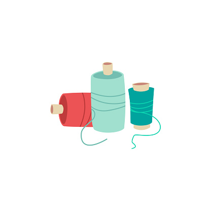 Colorful sewing thread spools isolated on white background. Few green and read threads for textile needlework lying around - flat vector illustration.