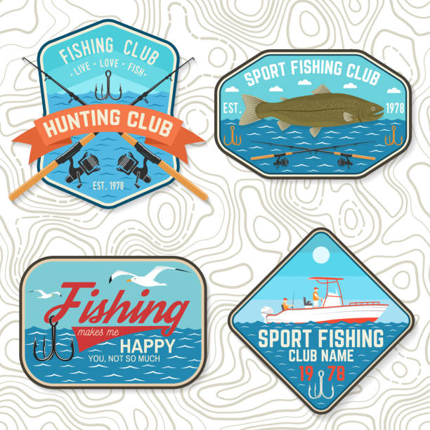 ilustrações de stock, clip art, desenhos animados e ícones de set of fishing club patch. live, love, fish. vector. concept for shirt or logo, print, stamp, tee, patch. vintage typography design with fish rod, rainbow trout and hook silhouette. - trout fishing silhouette salmon