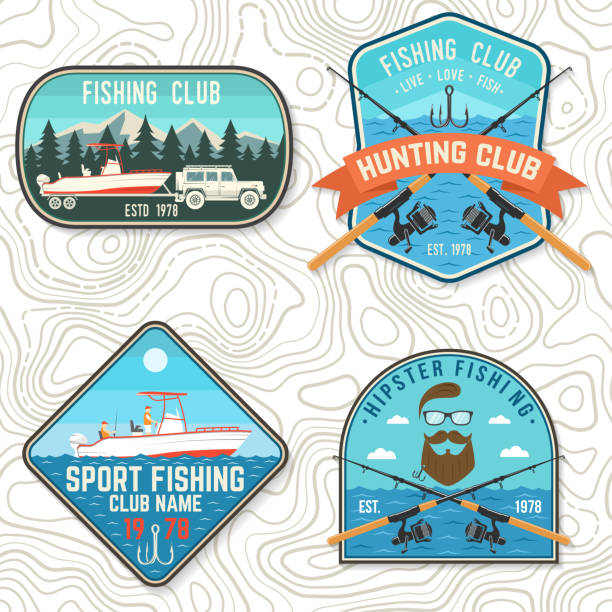 ilustrações de stock, clip art, desenhos animados e ícones de set of fishing club patch. live, love, fish. vector. concept for shirt or emblem, print, stamp, tee, patch. vintage typography design with fish rod, rainbow trout and hook silhouette. - trout fishing silhouette salmon