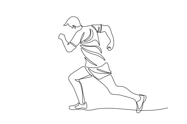 Running man Running man in continuous line art drawing style. Athlete black linear sketch isolated on white background. Vector illustration mens track stock illustrations