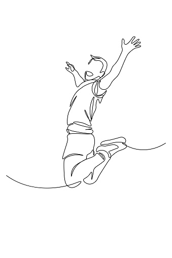 Happy man jumping for joy in continuous line art drawing style. Victory, success and freedom concept. Black linear sketch isolated on white background. Vector illustration