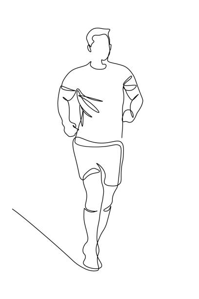 Jogging man Jogging man in continuous line art drawing style. Runner black linear sketch isolated on white background. Vector illustration jogging stock illustrations