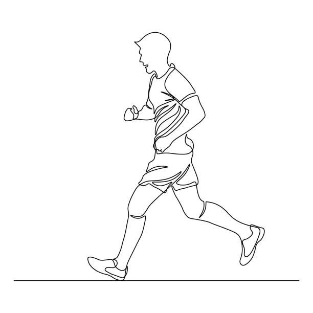 Jogging man Jogging man in continuous line art drawing style. Runner black linear sketch isolated on white background. Vector illustration scoring run stock illustrations