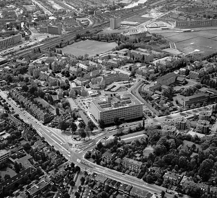 Leiden, Holland, May 30 - 1975: Historical aerial photo of the Academic hospital in Leiden, Holland now called LUMC in black and white