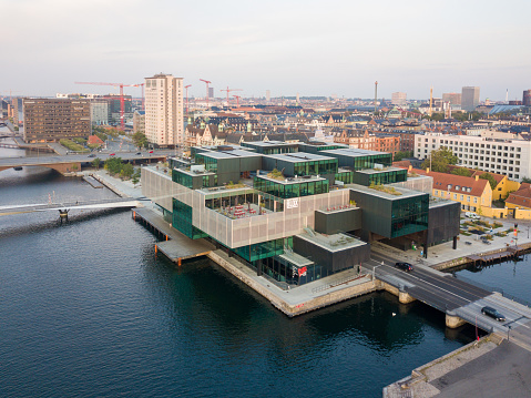 Copenhagen, Denmark - August 27, 2019: Aerial drone view of the Danish Architecture Center DAC.
