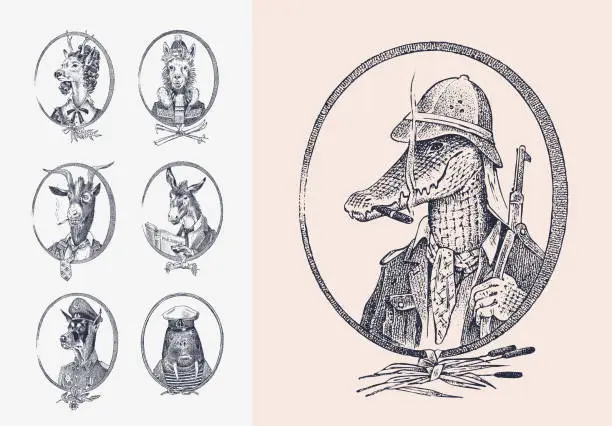 Vector illustration of Animal characters set. Crocodile safari hunter Llama Deer lady Walrus Goat Dog Donkey Alpaca. Hand drawn portrait. Engraved monochrome sketch for card, label or tattoo. Hipster Anthropomorphism