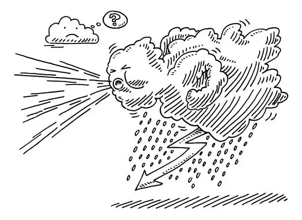 Vector illustration of Angry Cartoon Cloud Making Whirlwind Drawing