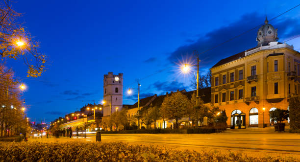 istock Debrecen streets with Small Reformed Church at night 1205228021