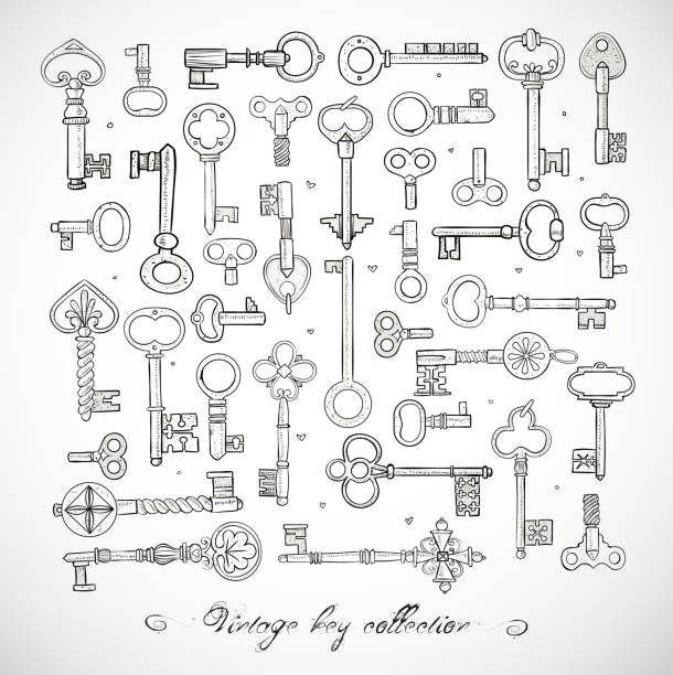 istock Big collection of doodle vintage keys on white background. Doodle sketch illustration. 1205228193