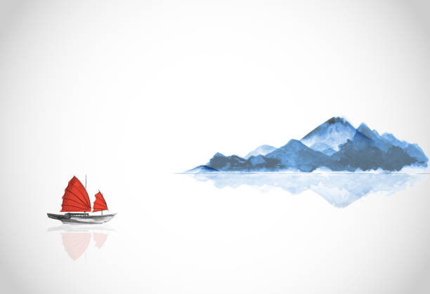 bildbanksillustrationer, clip art samt tecknat material och ikoner med berg och traditionell båt med röda segel. traditionell orientalisk bläckmålning sumi-e, u-sin, go-hua. - japansk paradis ö