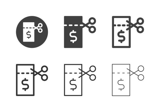 деньги купон иконки - multi серии - cutting scissors currency dollar stock illustrations