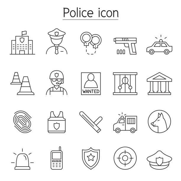 полицейская иконка, установленная в стиле тонкой линии - police helmet stock illustrations