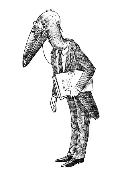 Vector illustration of Bird man with a marabou head. Lawyer in a classic office suit with documents. Hand drawn fashionable stork. Engraved old monochrome sketch
