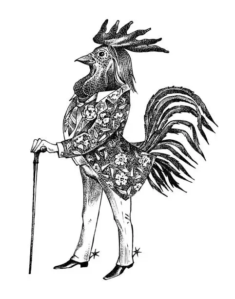 Vector illustration of A rooster man with a cane and boots in a cowboy style. Hand drawn fashionable cockerel. Engraved old monochrome sketch