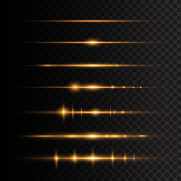 Horizontal light rays. Laser beams, horizontal light rays. Yellow glowing light explodes on a transparent background. Sun rays. Beautiful light flares. Vector illustration, EPS 10. gold light flare stock illustrations