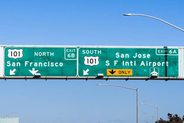 istock Freeway interchange in San Francisco Bay Area; Freeway signage providing information about the lanes going to 101 North towards San Francisco and 101 South towards San Jose and SFO 1205233326