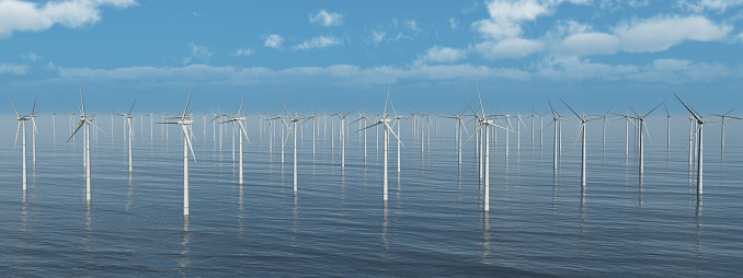 Computer generated 3D illustration with masses of wind turbines in the sea