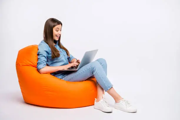 Photo of Profile side view of her she nice attractive lovely charming cheerful cheery girl sitting in bag chair using laptop isolated over light white color background