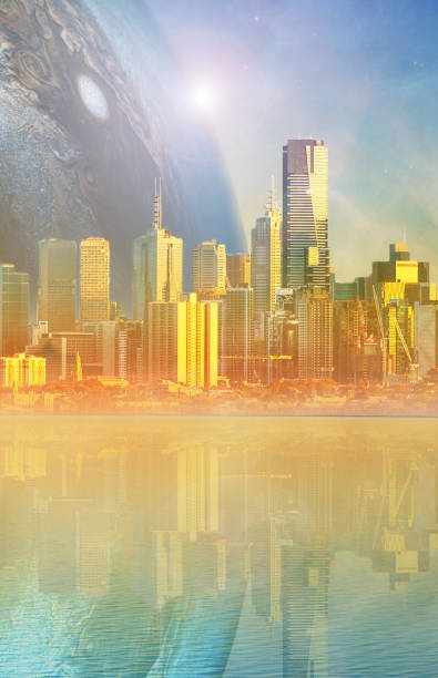istock Science fiction novel book cover template - Modern megapolis skyline and huge alien planet reflecting in tranquil waters at sunset. Elements of this image are furnished by NASA 1205236073