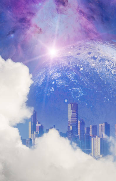 istock Futuristic scene for science fiction novel book cover - beautiful white clouds reveal modern city skyscrapers and huge alien planet with galaxy. Elements of this image are furnished by NASA 1205236078