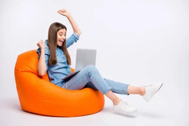 Profile side view of her she nice attractive lovely cute cheerful cheery girl sitting in bag chair using, laptop celebrating success project start-up isolated over light white color background