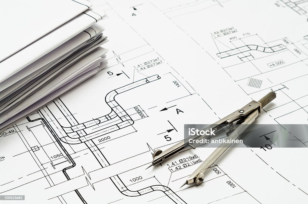 Engineering instrument and working drawings  Black And White Stock Photo