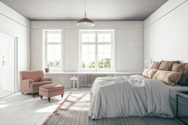 Scandinavian Bedroom Interior Interior of a Scandinavian style bedroom. sunny window stock pictures, royalty-free photos & images