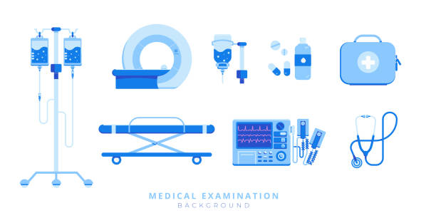 担架、除細動器、注射、mri、聴診器、白背景に分離された応急処置キットの救急医療機器セット - glucose blood care white点のイラスト素材／クリップアート素材／マンガ素材／アイコン素材