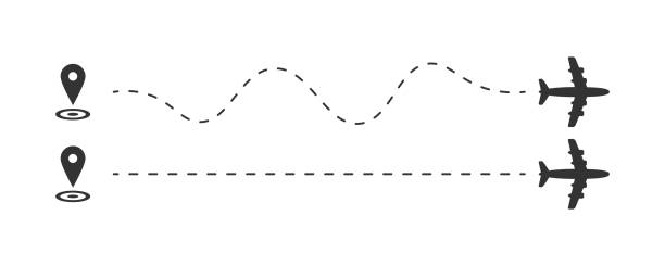 Airplane flight plan. Airplane flight plan on a white background. The route of the aircraft in dashed lines, GPS. Flight starting point, tourism path. Traces of a traveler in dashed lines. Vector illustration, EPS 10. dotted line stock illustrations