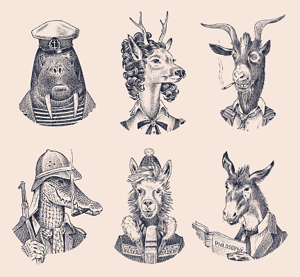 Animal characters set. Deer lady Walrus Crocodile Smoking Goat Dog Donkey Alpaca Llama skier. Hand drawn portrait. Engraved monochrome sketch for card, label or tattoo. Hipster Anthropomorphism