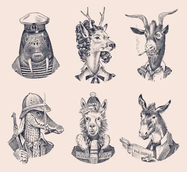 Vector illustration of Animal characters set. Deer lady Walrus Crocodile Smoking Goat Dog Donkey Alpaca Llama skier. Hand drawn portrait. Engraved monochrome sketch for card, label or tattoo. Hipster Anthropomorphism