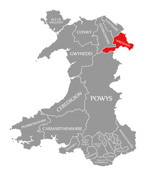 Wrexham red highlighted in map of Wales Wrexham red highlighted in map of Wales wrexham stock illustrations