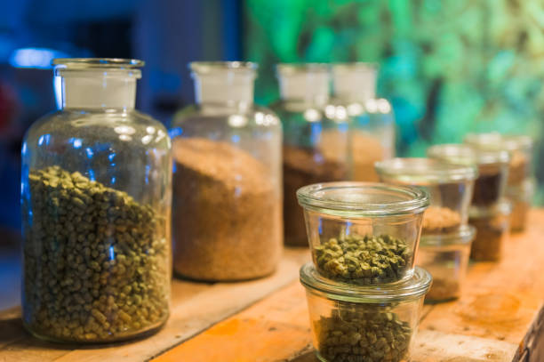 istock Beer ingredients in bottles - brewery at Belgium 1205242680