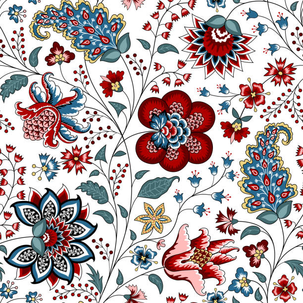 ilustrações, clipart, desenhos animados e ícones de tecido chintz - textile blue leaf paisley