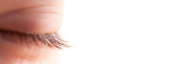 Close-up of a closedl eye  isolated on panoramic white background,  web banner with copy space