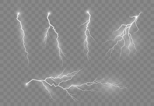 Lightning and thunder, glow and sparkle effect. Electric lighting effects. A symbol of natural strength or magic. Light and shine, abstract, electricity and explosion. Vector illustration, EPS 10.
